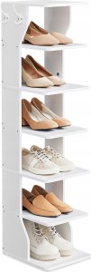 Vasagle Stojak na buty, organizer na buty, wąski stojak na buty z haczykami, smukły drewniany stojak na buty, solidny i trwały, oszczędn 1