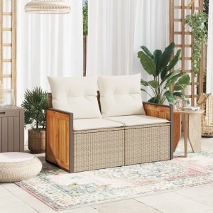 vidaXL Sofa ogrodowa z poduszkami, 2-osobowa, beż, polirattan 3