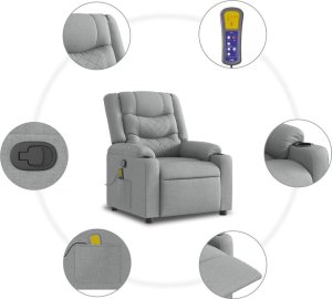 vidaXL Podnoszony fotel masujący, rozkładany, jasnoszary, tkanina 7