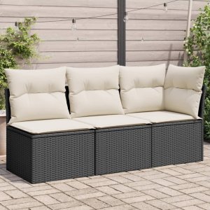 vidaXL Sofa ogrodowa z poduszkami, 3-osobowa, czarna, polirattan 1