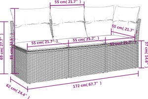 vidaXL Sofa ogrodowa z poduszkami, 3-osobowa, czarna, polirattan 11