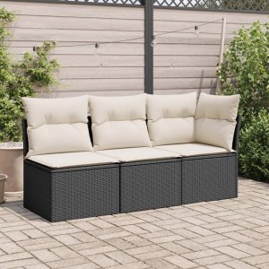 vidaXL Sofa ogrodowa z poduszkami, 3-osobowa, czarna, polirattan 3