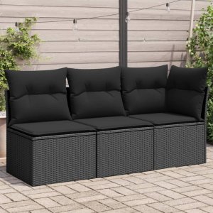 vidaXL Sofa ogrodowa z poduszkami, 3-osobowa, czarna, polirattan 1