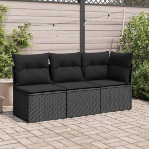 vidaXL Sofa ogrodowa z poduszkami, 3-osobowa, czarna, polirattan 3