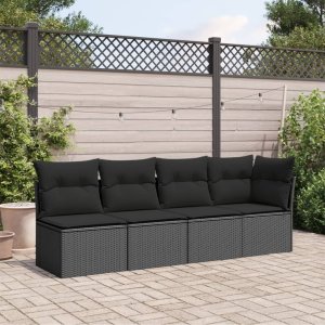 vidaXL Sofa ogrodowa z poduszkami, 4-osobowa, czarna, polirattan 3