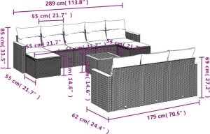 vidaXL 11-częsciowy zestaw mebli ogrodowych z poduszkami, szary rattan PE 8