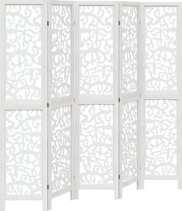 vidaXL Parawan pokojowy, 5-panelowy, biały, lite drewno paulowni 2