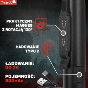 Tvardy Lampa warsztatowa inspekcyjna z magnesem LED COB 5W + 3W UV laser 800mAh 400lm IP44 (100) 12