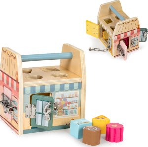 Ecotoys Drewniana kostka edukacyjna, sorter klockami cztery zamki, uchwyt 1