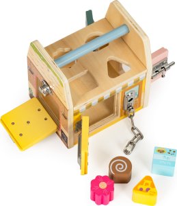 Ecotoys Drewniana kostka edukacyjna, sorter klockami cztery zamki, uchwyt 3