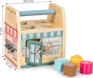 Ecotoys Drewniana kostka edukacyjna, sorter klockami cztery zamki, uchwyt 4