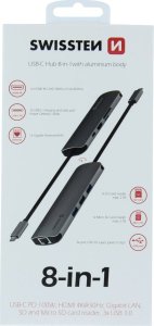 HUB USB Sourcing Swissten USB-C Splitter 8in1 with 3X USB 3.0 / 1X USB-C Power Delivery / 1X microSD / 1X SD / 1x HDMI 4K / 1x LAN RJ45 / Aluminum housing 3