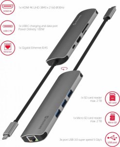 HUB USB Sourcing Swissten USB-C Splitter 8in1 with 3X USB 3.0 / 1X USB-C Power Delivery / 1X microSD / 1X SD / 1x HDMI 4K / 1x LAN RJ45 / Aluminum housing 8