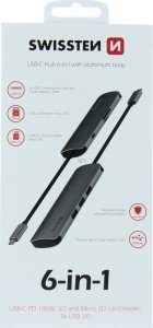 HUB USB Sourcing Swissten USB-C Splitter 6in1 with 3X USB 3.0 / 1X USB-C Power Delivery / 1X microSD / 1X SD / Aluminum housing 5