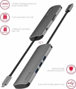 HUB USB Sourcing Swissten USB-C Splitter 6in1 with 3X USB 3.0 / 1X USB-C Power Delivery / 1X microSD / 1X SD / Aluminum housing 9