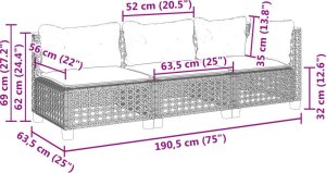 vidaXL Sofa ogrodowa z poduszkami, 3-osobowa, czarna, polirattan 8