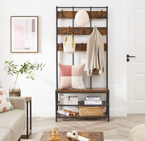 Vasagle Wieszak na ubrania z 8 haczykami i siedziskiem, 2 półki z siatki, przedpokój, salon, metalowa rama, styl industrialny, vintage b 7