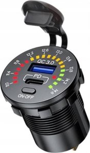 Ładowarka Luxury Szybka Ładowarka Motocyklowa Samochodowa 48W 2x USB TYP-C PD 30W Woltomierz 4