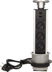 Orno Gniazdo meblowe Orno FS-17 potrójne wysuwane z blatu z ładowarką USB i przewodem 1,8m 3x2P+Z inox 2