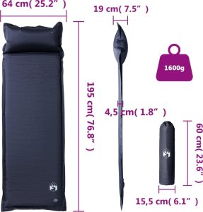 vidaXL vidaXL Materac samopompujący z poduszką, 1-osobowy, szary 6
