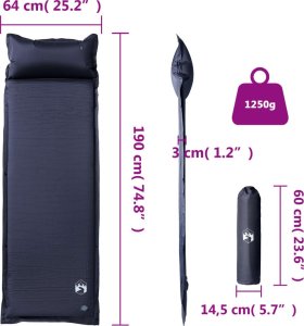 vidaXL vidaXL Materac samopompujący z poduszką, 1-osobowy, szary 6