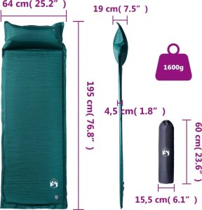 vidaXL vidaXL Materac samopompujący z poduszką, 1-osobowy, zielony 6