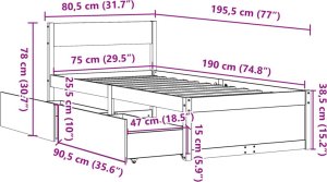vidaXL Rama łóżka z szufladami, biała, 75x190 cm, lite drewno sosnowe 9