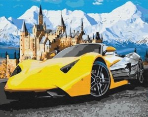 Norimpex Diamentowa Mozaika Auto Sportowe Żółte Obok Zamku W Górach 30x40 Cm 1