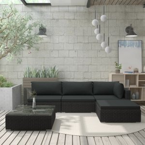 vidaXL 5 Piece Patio Lounge Set with Cushions Poly Rattan Black 1