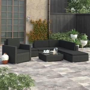 vidaXL 6 Piece Patio Lounge Set with Cushions Poly Rattan Black 1