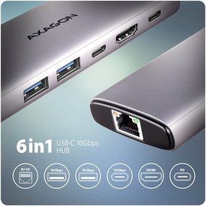 HUB USB Axagon HMC-6G2L 1x RJ-45 1x USB-C 1x USB-C PD 1x HDMI  + 2x USB-A 3.0 (HMC-6G2L) 2