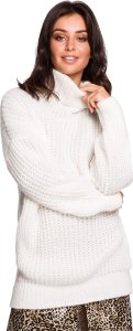 BE Knit BK030 Długi sweter z golfem - biały (kolor white, rozmiar L/XL) 1