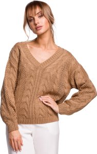 MOE M510 Ażurowy sweter z dekoltem w serek - beżowy (kolor beż, rozmiar L/XL) 1