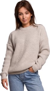 BE Knit BK052 Długi sweter w prążek - beżowy (kolor Beige, rozmiar L/XL) 1