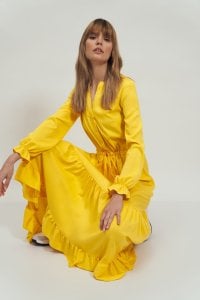 Nife Długa żółta sukienka z falbanką - S178 (kolor żółty, rozmiar 40) 1