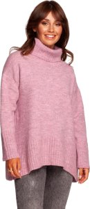 BE Knit BK086 Sweter z golfem i rozcięciem z tyłu - pudrowy (kolor POWDER, rozmiar L/XL) 1