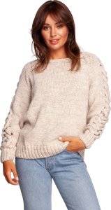 BE Knit BK090 Sweter z szerokim dekoltem i warkoczem na rękawach - beżowy (kolor beż, rozmiar S/M) 1