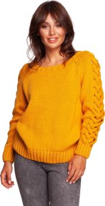 BE Knit BK090 Sweter z szerokim dekoltem i warkoczem na rękawach - miodowy (kolor miodowy, rozmiar S/M) 1
