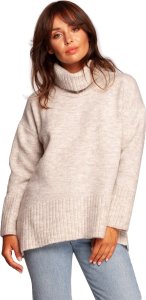 BE Knit BK086 Sweter z golfem i rozcięciem z tyłu - kość słoniowa (kolor beżowy, rozmiar S/M) 1