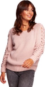 BE Knit BK090 Sweter z szerokim dekoltem i warkoczem na rękawach - różowy (kolor pink, rozmiar S/M) 1
