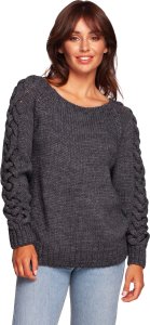 BE Knit BK090 Sweter z szerokim dekoltem i warkoczem na rękawach - szary (kolor Grey, rozmiar L/XL) 1