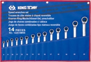 King Tony ZESTAW KLUCZY PŁASKO-OCZKOWYCH Z GRZECHOTKĄ DWUKIERUNKOWĄ 373A 14cz. 8 - 24mm. ETUI King Tony 1