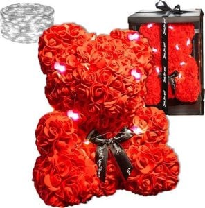 Springos Miś z płatków róż czerwony 40 cm rose bear z lampkami LED zimny biały UNIWERSALNY 1