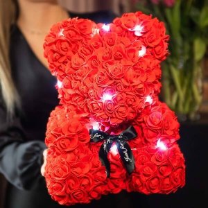 Springos Miś z płatków róż czerwony 40 cm rose bear z lampkami LED zimny biały UNIWERSALNY 2