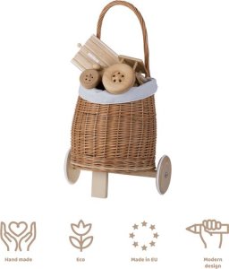 WickerPL LUKE WIKLINOWY WÓZEK PRZYCZEPA DLA CHŁOPCA I DZIEWCZYNKI PCHACZ NA KÓŁKACH Z OBSZYCIEM 24X21 H33/56 CM 2