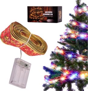 Dekoracja świąteczna KIK Wstążka ozdobna taśma LED 10m 100LED lampki choinkowe ozdoba świąteczna multikolor na baterie 3