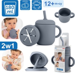 Reer Kubek silikonowy niewysypek ze słomką pokrywką na przekąski 2w1 180ml REER 2
