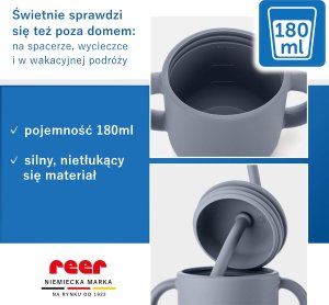 Reer Kubek silikonowy niewysypek ze słomką pokrywką na przekąski 2w1 180ml REER 6