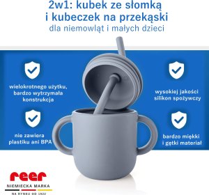 Reer Kubek silikonowy niewysypek ze słomką pokrywką na przekąski 2w1 180ml REER 7