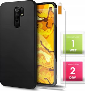 Hello Case Etui do Xiaomi Redmi 9 (Czarne, Matowe, Obudowa Slim, Silikon) SZKŁO 9H 1